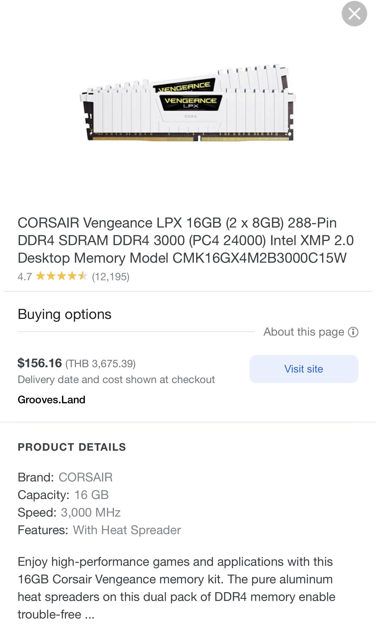 CORSAIR Vengeance LPX 16GB 2 x 8GB 288 Pin DDR4 SDRAM DDR4 3000 PC4 24000 Intel XMP 2.0 Desktop Memory Model CMK16GX4M2B3000C15W Computers Tech Parts Accessories Networking on Carousell