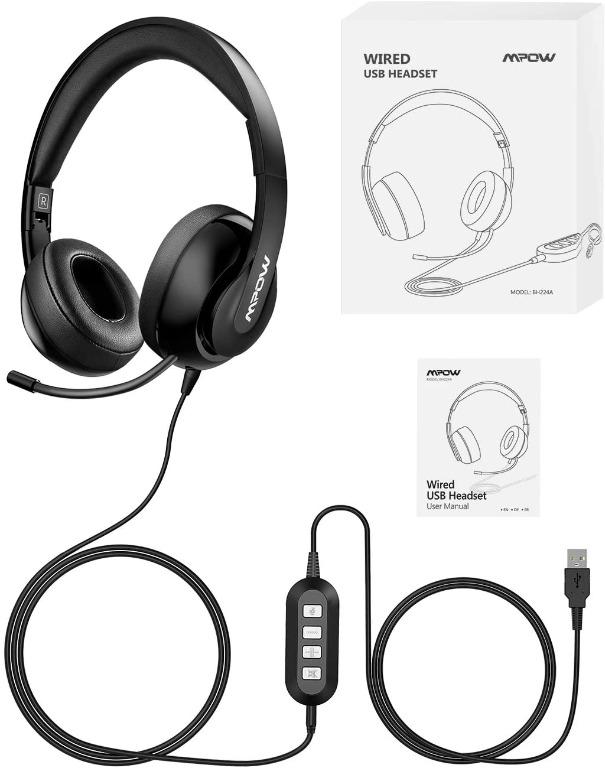 Mpow PC Headset 224 Foldable Over Ear Headset USB Headset 3.5mm Computer Headset with Retractable Microphone Noise Cancelling Skype Headset for Mac PC Mobile Phone Call Center Online Conference Audio ...