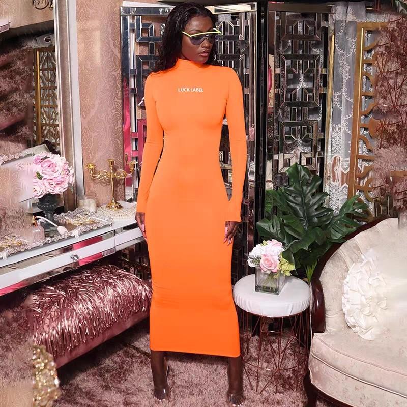 Tight orange black maxi long sleeve tight dress casual sporty turtle high neck ins Women s Fashion Muslimah Fashion Dresses on Carousell