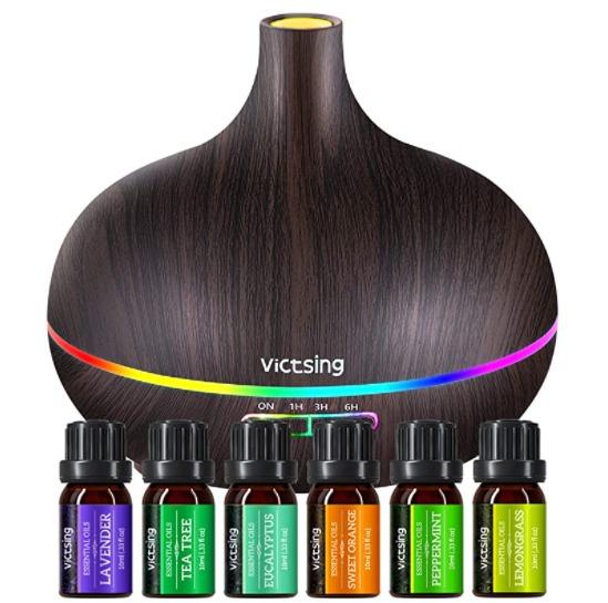 VicTsing 500ml Essential Oil Diffuser with Oils, Aromatherapy Diffuser with Essential Oil Set (Category: Air Purifiers & Dehumidifiers) located in Marikina City. Submitted by skowshop (Listing ID 1082809432, Image 1). Description: Wood Grain Plastic 14-Color Mood Lights. VicTsing essential oil diffuser features with 14 color lights ( light or dim). 14 colors gradual cycle will be beautiful enough to create a romantic atmosphere in the dim light. 