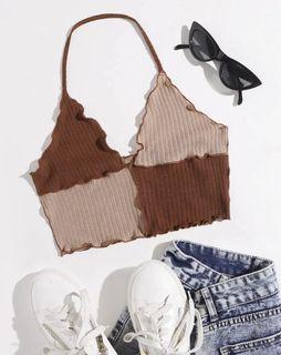Brown Colorblock Halter Crop Top