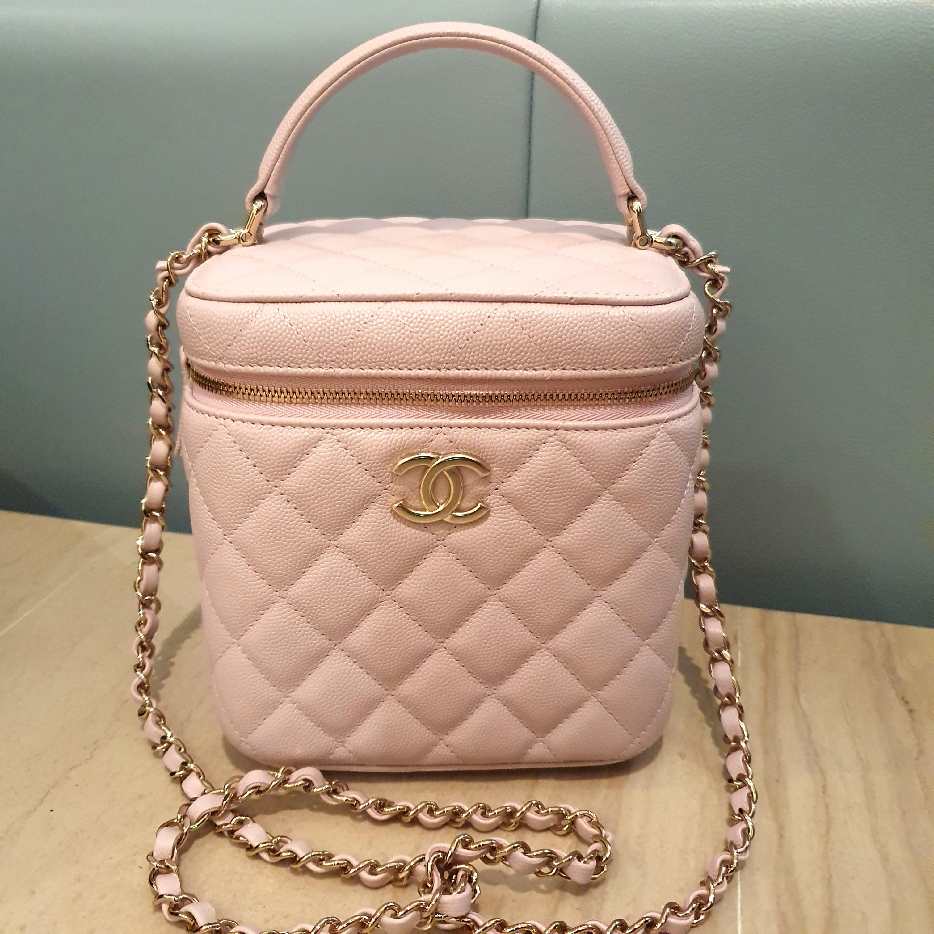 Chanel 21S Rose Claire Caviar Small Vanity Case with Chain