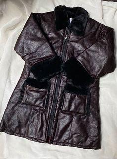 dark brown faux leather fur trim coat kulit coklat bulu y2k thrift