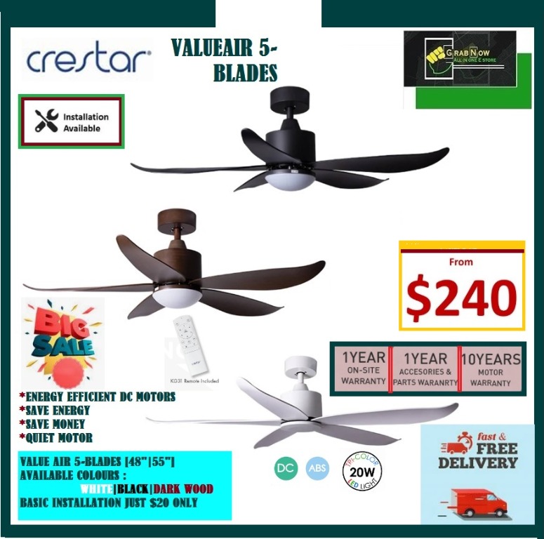 CRESTAR VALUE AIR DC MOTOR CEILING FANAVAILABLE SIZES 48"55" COLOURS[BLACKWHITEWOOD]WITH