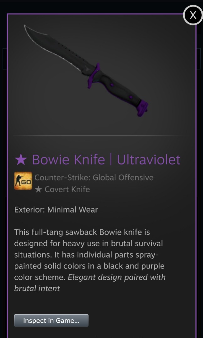 CSGO KNIFE Bowie Knife | Ultraviolet Minimal Wear, Video Gaming, Gaming ...
