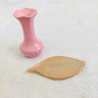 Peach Leaf Dish + Pink Ceramic Vase