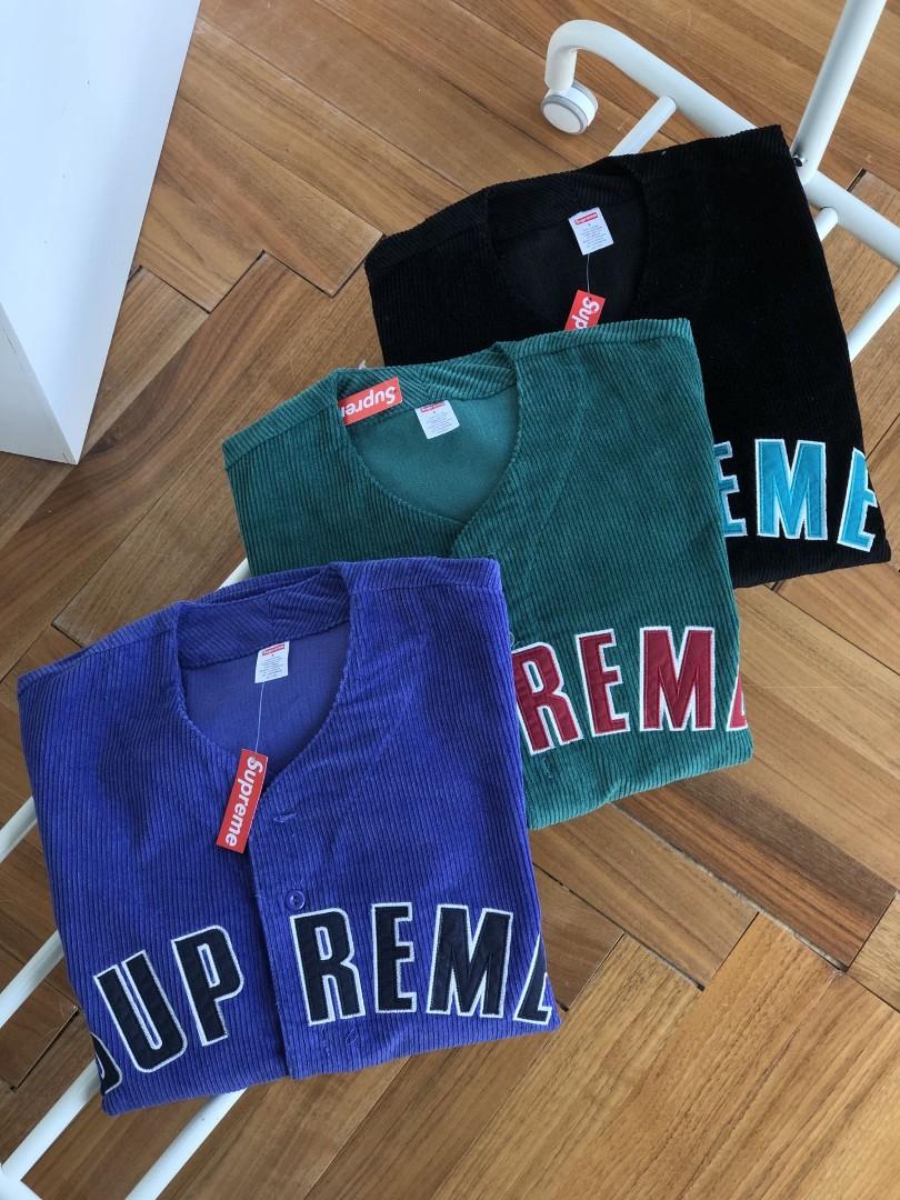 SUPREME Corduroy Baseball Jersey 棒球短袖外套黑色綠色紫色S~xl 偏大