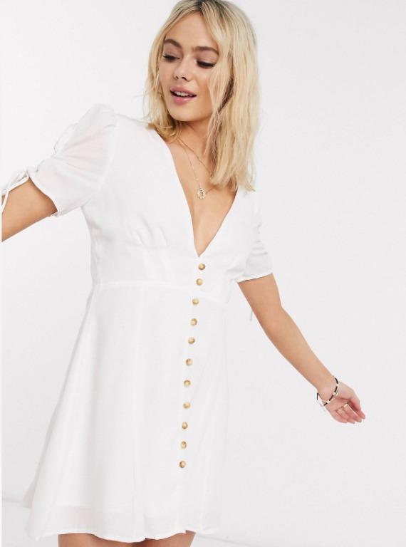 ASOS SKYLAR ROSE button front smock mini dress with ruched puff sleeves M uk 10