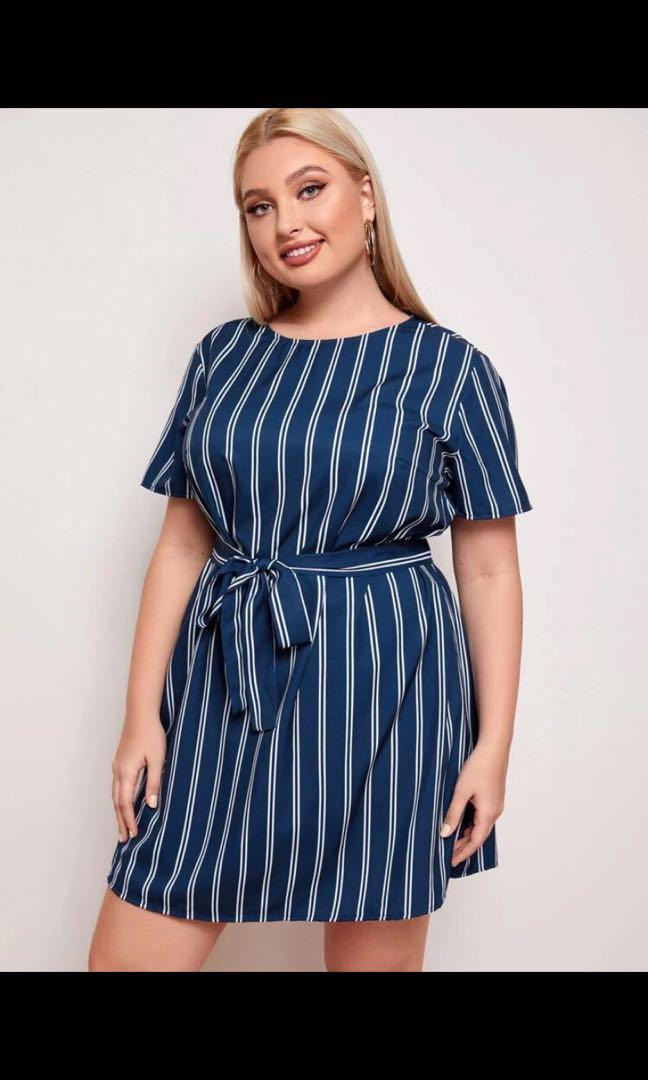 BNWT plus size navy blue stripe dress (uk 16-18), Women's Tops, Sleeveless on Carousell