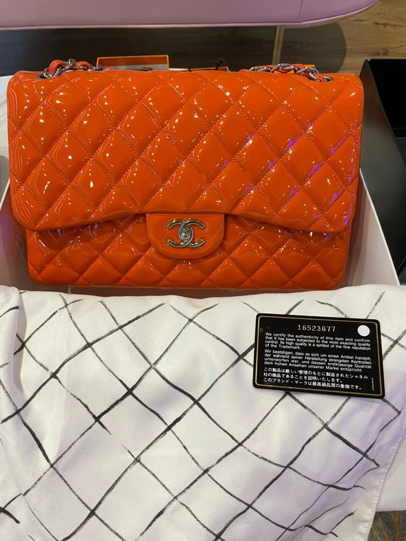 Chanel Orange Quilted Patent Leather Maxi Classic Double Flap