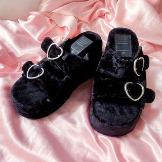 Harajuku Black Heart Platform Sandals US6-US7 | Chunky High Lolita Goth Alt Kawaii Jirai Suede Cosplay Shoes
