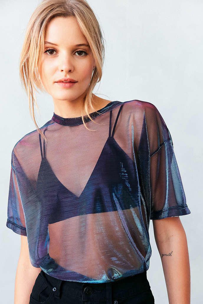 H M holographic sheer shimmering mesh top