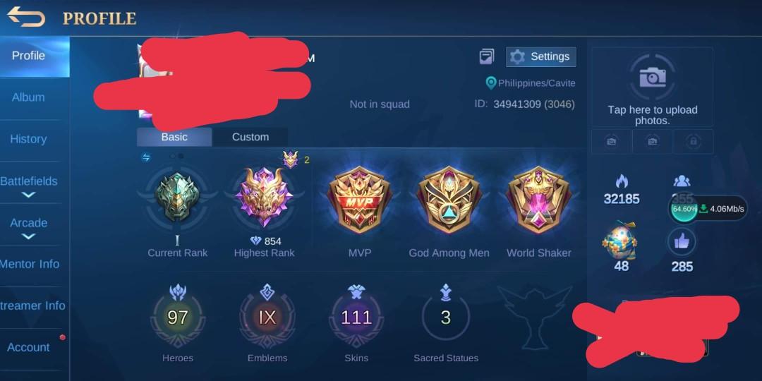 ML ACCOUNT / MOBILE LEGENDS ACCOUNT (Category: Video Cameras) located in Cavite. Submitted by qwertyqwery545 (Listing ID 1083301218, Image 1). Description: 2.5k (negotiable) MAX EMBLEM HIGH WR 111 skins MAY LIMITED EPIC SKIN NI URANUS PM FOR MORE INFO.