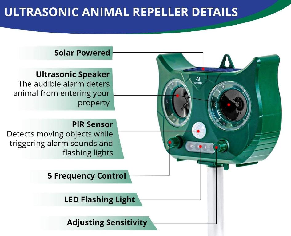 Nevalex Ultrasonic Animal Repeller, Solar Powered Waterproof with Sound Control, Motion Sensor