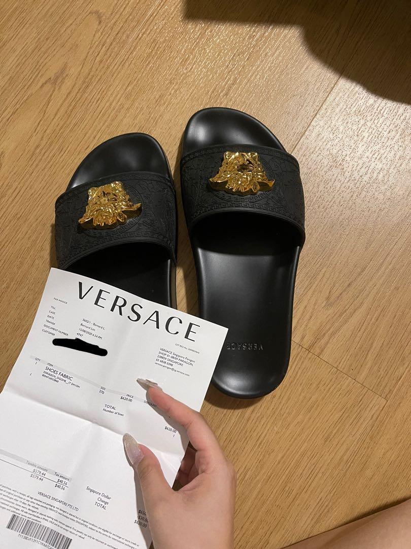 Versace Slides Authentic (Category: Flipflops and Slides) located in Singapore. Submitted by jackson6644 (Listing ID 1083417721, Image 3). Description: Original price $629 Size 37 Box and recipt included. Bought at PARAGON. Mint condition. bought for my gf but her mom say too lian so i help sell negotiable . dont lowball pls.