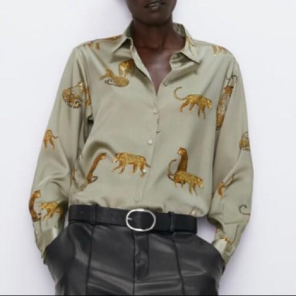 Zara shirt printed animal olive, Fesyen 