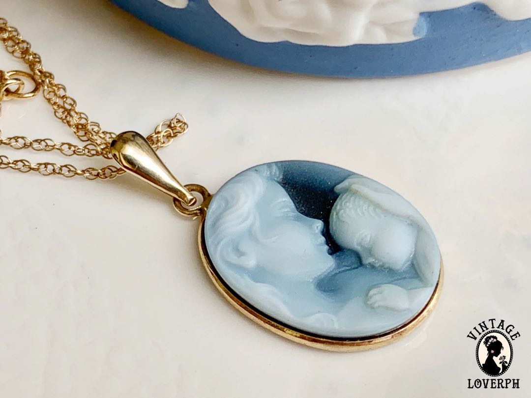 10k Mother and Child Blue Agate Cameo Necklace with trinket box Women s Fashion Jewelry Organizers Necklaces on Carousell