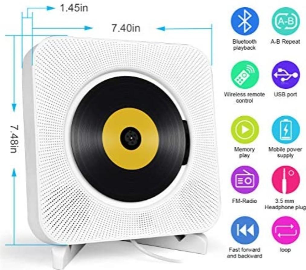 Home Audio Boombox with Remote Control FM Radio USB MP3 3.5mm Headphone Jack AUX Input/Output with Pulling-Switch White Portable CD Player with Bluetooth,Wall Mountable Built-in HiFi Speakers