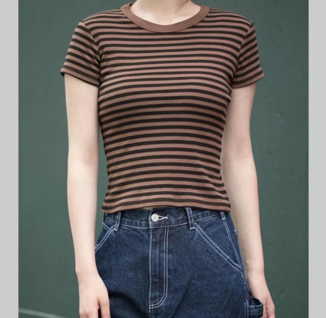Sale Brandy Melville Hailie Top With Black Brown Stripes Women S Fashion Tops Other Tops On Carousell