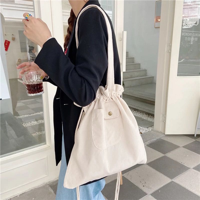 Drawstring Canvas Totebag Cream Women s Fashion Bags Wallets