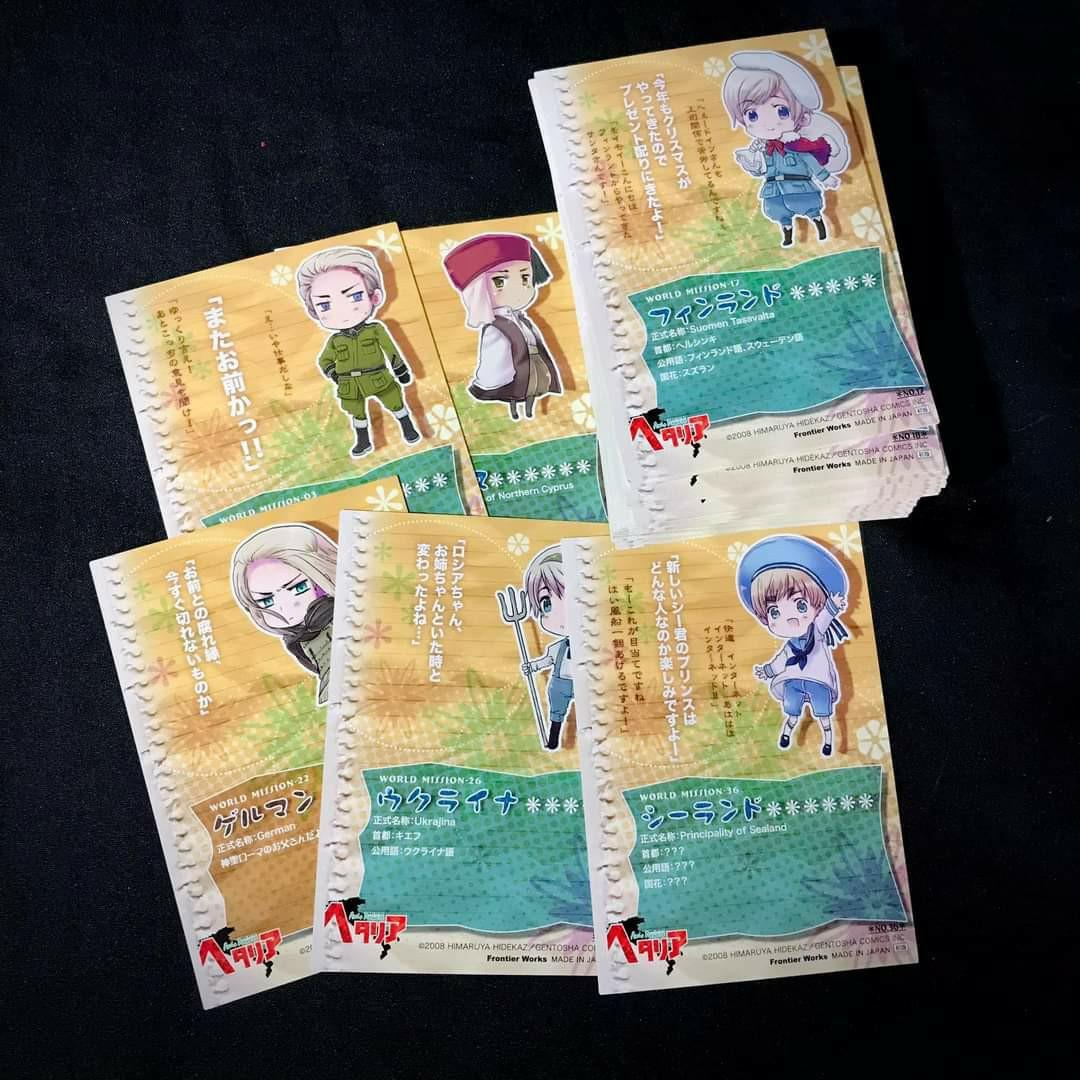 Hetalia Trading Cards set #4 - Php 50 each 2 pieces available per card (Category: Raw Singles) located in Davao. Submitted by pandorastoybox (Listing ID 1083562811, Image 2). Description: Hetalia Trading Cards - Php 50 each 2 pieces available per card.