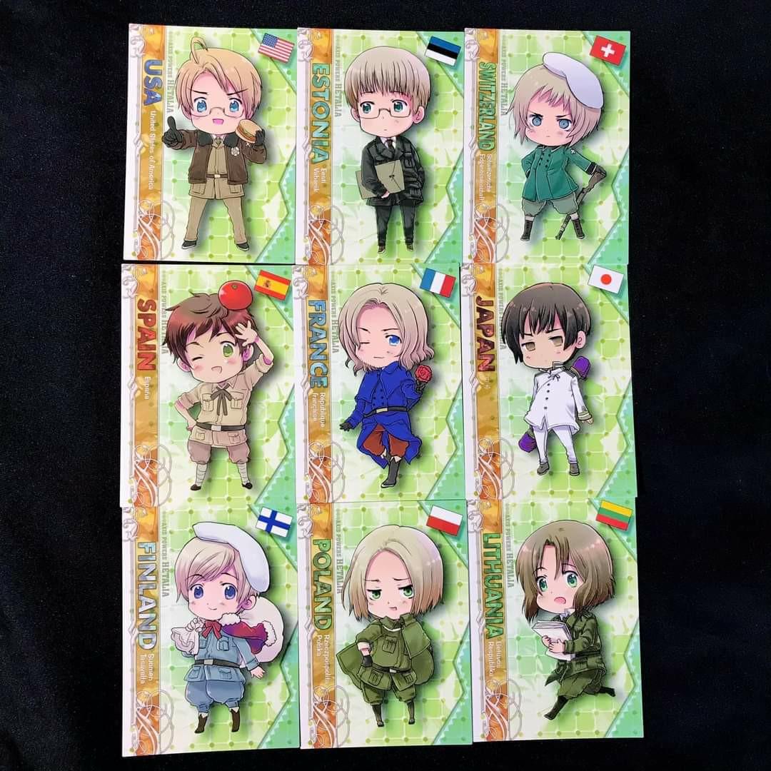 Hetalia Trading Cards set #4 - Php 50 each 2 pieces available per card (Category: Raw Singles) located in Davao. Submitted by pandorastoybox (Listing ID 1083562811, Image 1). Description: Hetalia Trading Cards - Php 50 each 2 pieces available per card.
