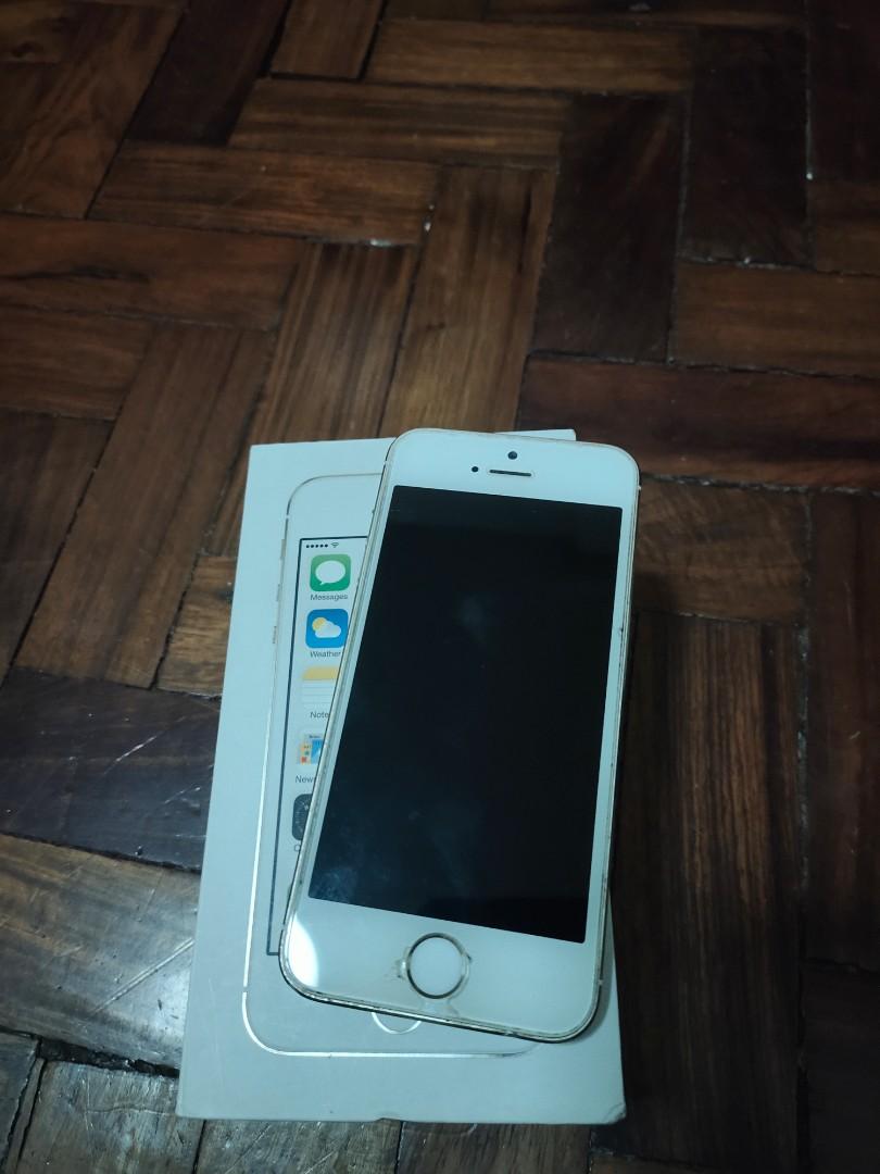 iPhone 5s 64gb Gold (Category: Others) located in Quezon City. Submitted by mslen08 (Listing ID 1083461371, Image 2). Description: Selling my iphone 5s 64gb. Only used as back up phone. factory unlocked. With box and sim pin only. A few cracks on the start button and screen but not on the LCD itself as this was with tempered glass since Day 1. Medyo mahina na din battery nya since mabilis ma lowbat. But very much useable. This unit has no history