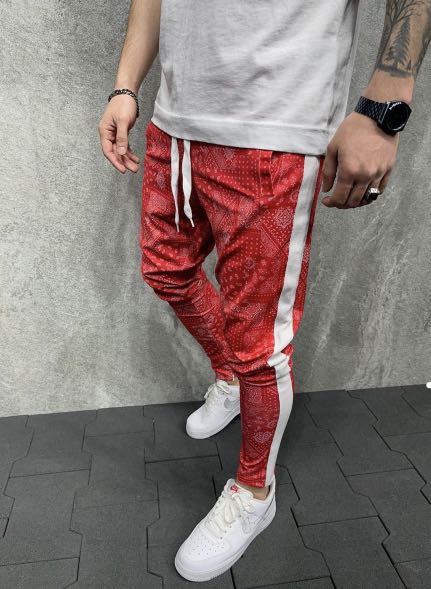 Red and white jogging pants clearance