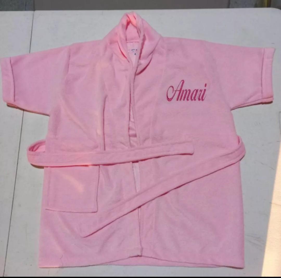 Personalized Bathrobes for Toddlers/Kids (Category: Bathtub & Bath Accessories) located in Pasig City. Submitted by mecerb16 (Listing ID 1083582456, Image 3). Description: Available colors: white,pink,powder blue,mint green, yellow FREE: embroidered name or initials.