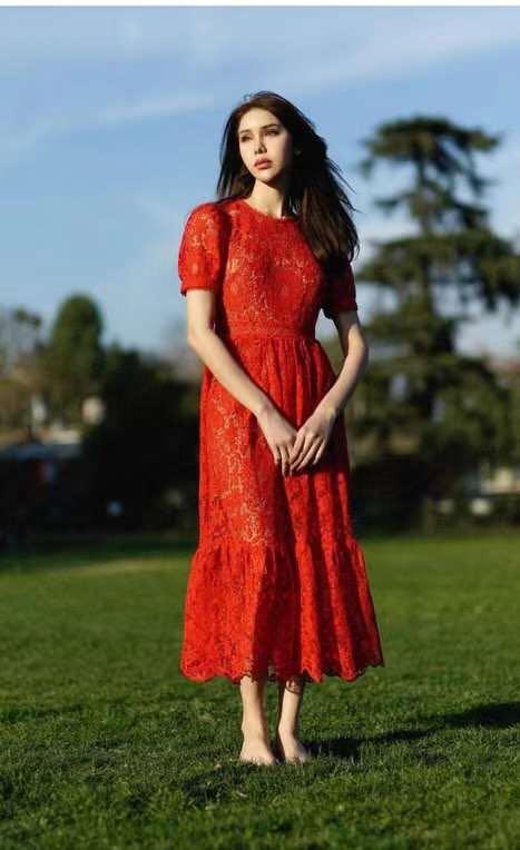 self portrait Red Guipure Lace Midi Dress on sale