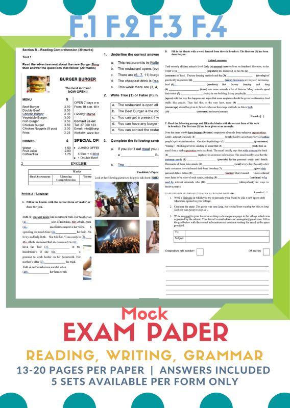 中學考試試卷 模擬英文卷 適合中一至中四考試前加強練習 Mock English Exam Paper For F 1 F 4 Students 教科書 Carousell