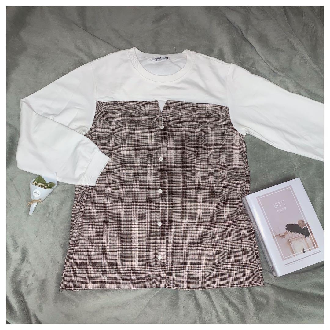 Baju kotak kotak model Sweater lengan panjang korean merek yuan, Fesyen