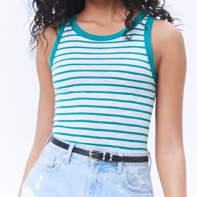 Forever 21 Striped Tank Top (Category: Sleeveless) located in Marikina City. Submitted by happycache (Listing ID 1083802678, Image 2). Description: BNWT ♡ Available in S (1) Small | 14" width 22" length Model is wearing size small Dm if interested ♡ © FOREVER 21.