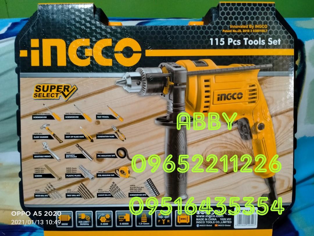 INGCO Impact Drill with Tool Set - 115 Pcs Tools Set (Category: Construction Tools & Equipment) located in Caloocan City. Submitted by abieghail (Listing ID 1083696073, Image 1). Description: PRICE : P2,399.00 INGCO Impact Drill with Tool Set - 115 Pcs Tools Set Model : HKTHP11151 Package Inclusion : 1 Pc. 680W Impact Drill（ID6808） 220-240V~50/60Hz,13mm key chuck 1 Pc. 8Oz Claw Hammer 1 Pc. 7” Combination Pliers 1 Pc. 6" Adjustable Wrench 1 Pc. S