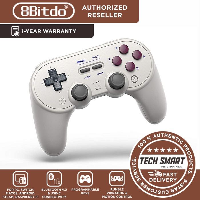 8Bitdo Pro 2 Bluetooth Controller for Switch, PC, macOS, Android, Steam & Raspberry Pi (Category: Controllers) located in Manila. Submitted by techsmartph (Listing ID 1083957781, Image 2). Description: * Available colors: Black Edition, G Classic Edition, Grey Edition * 2 pro-level back Buttons. * Ultimate software now on PC, Android and iOS. * Custom profile switching, enhanced grip & 4-Way mode switching button. * Wireless Bluetooth, rumble vib
