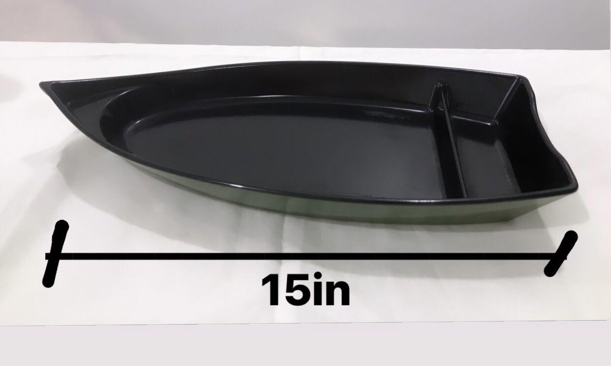 Boat-Shaped Sushi Plate Serving Dish (Category: Dinnerware & Cutlery) located in Quezon City. Submitted by prebyic (Listing ID 1083939948, Image 1). Description: * Good as new. No scratches. * Never been used; Only kept in storage * see photos for dimension * color: black/green *RFS: Moving out sale .