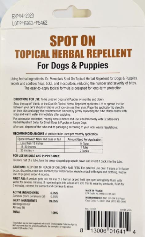 Dr Mercola Spot On Topical Herbal Repellent For Dogs Puppies