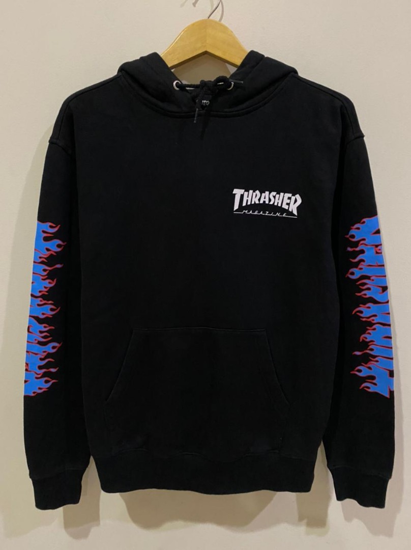 Black thrasher hoodie with blue flames hot sale