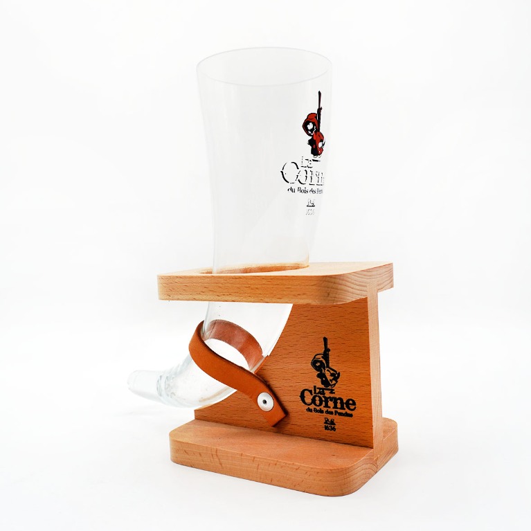 Original La Corne Belgian Horn Beer Glass with Wooden Base (330ml