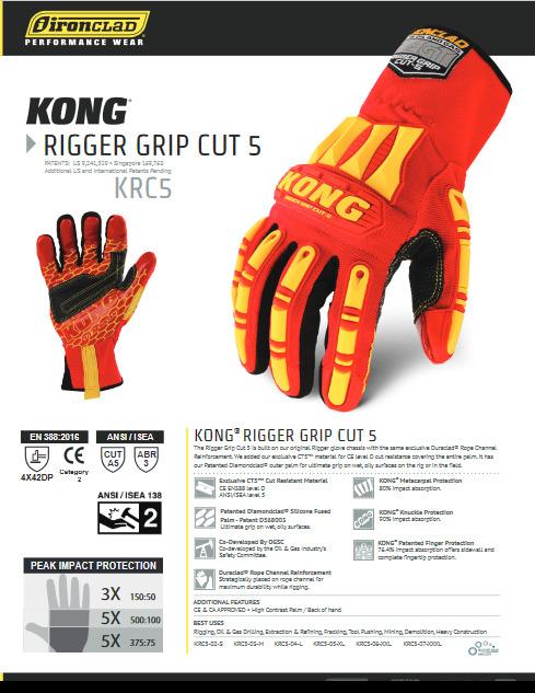 Ironclad mens Work Glove KONG RIGGER GRIP A5, Red/Yellow, Large US