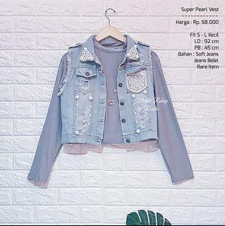Real Pict Luaran Outer Rompi Vest Jeans Mutiara Stud Preloved Second Import