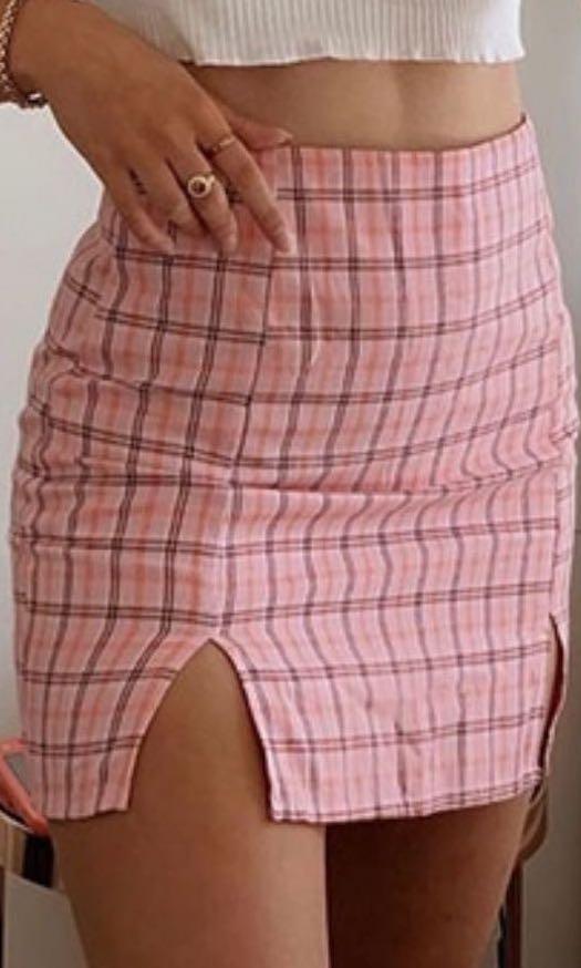 High waisted pink plaid skirt on sale