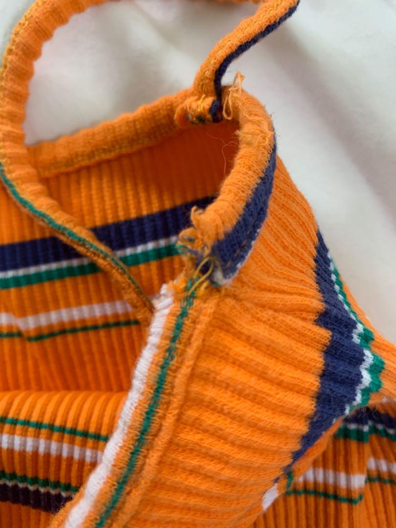 striped orange camisole tank top (Category: Sleeveless) located in Paranaque City. Submitted by emmasclothes (Listing ID 1083977703, Image 2). Description: used only once after i bought it but its a bit torn on the edge (see pic) super cute bright colors !! i bought it from a vintage store on instagram a few years ago :) its also a bit stretchy since its ribbed! can fit up to M :) RFS: decluttering.