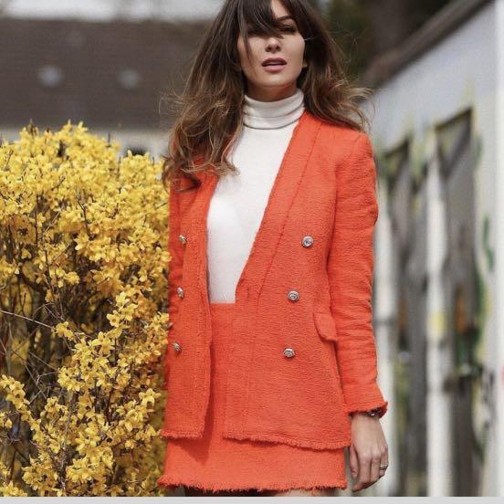 Zara orange tweed blazer top