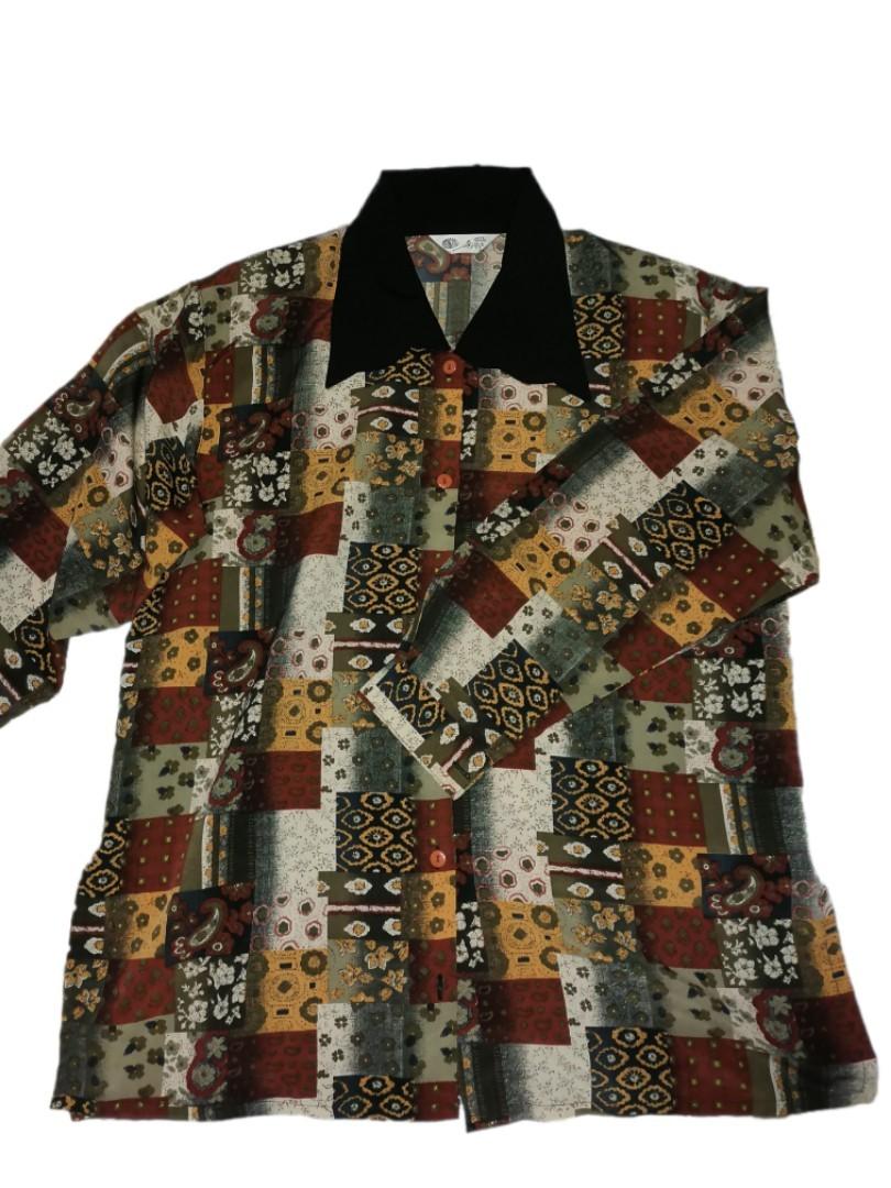 Brown Patterned Longsleeves (retro/vintage/80s/90s) (Category: Tshirts & Polo Shirts ) located in San Fernando. Submitted by eellies (Listing ID 1084176761, Image 1). Description: - worn once only - fits l to xl - originally bought for 700+ - Lady's Fashion brand on tag - fabric is smooth and cold on skin 🥺 - with shoulder pads inside - deets on the collar can be seen in the picture!! - with 2 slits *price is negotiable.
