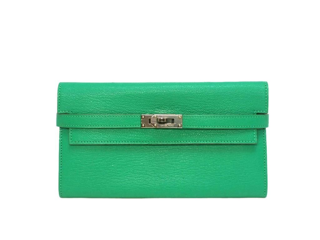 Hermes Kelly Wallet Epsom Leather Palladium Hardware In Green