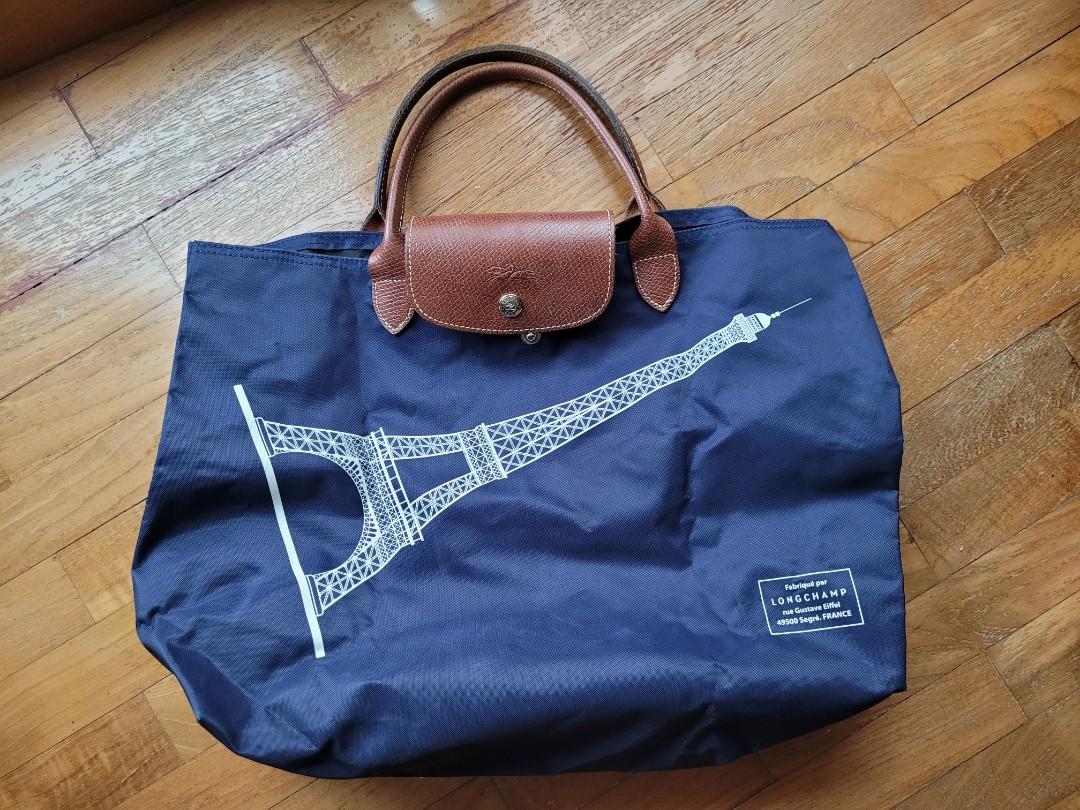 Longchamp Beige Effiel Tower Paris le pliage Top Handle Medium Travel Bag  New
