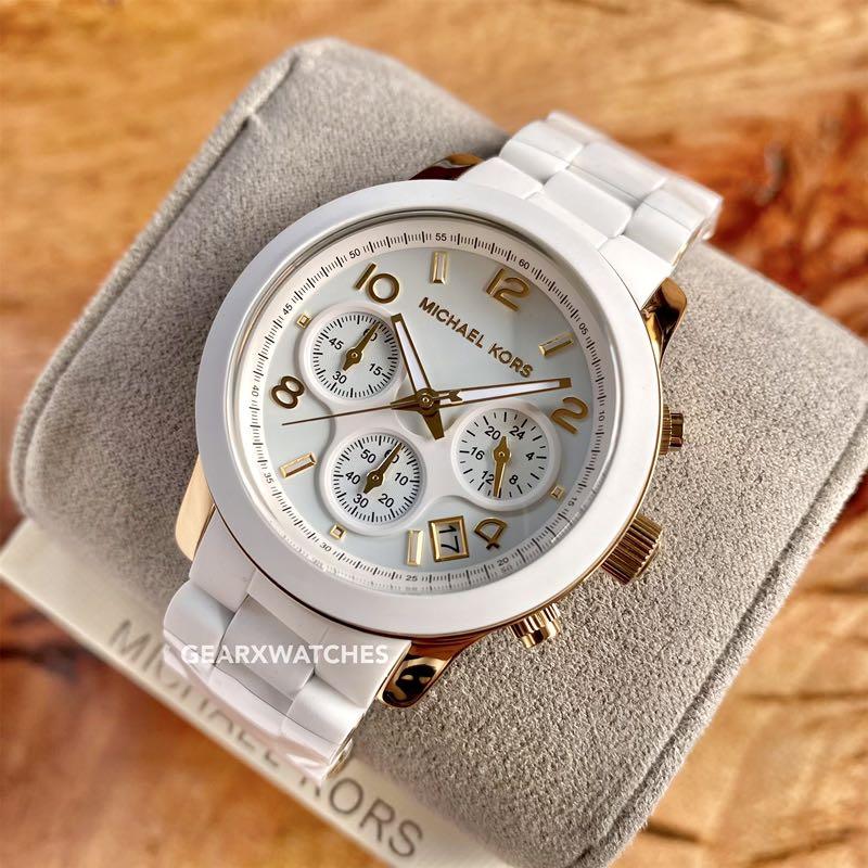 er der Flad Mark Michael Kors Runway Gold White Rubber Women's Watch, Women's Fashion,  Watches & Accessories, Watches on Carousell