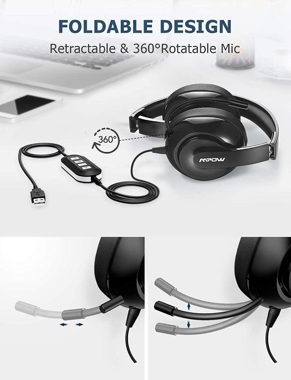 Mpow PC Headset 224 Foldable Over Ear Headset USB Headset 3.5mm Computer Headset with Retractable Microphone Noise Cancelling Skype Headset for Mac PC Mobile Phone Call Center Online Conference Audio ...