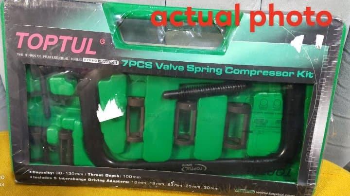 TOPTUL 7PCS Valve Spring Compressor Kit (JGAI0702) (Category: Everything Else Others) located in Marikina City. Submitted by skowshop (Listing ID 1084187020, Image 3). Description: ITEM NO: JGAI0702 This tool kit is designed to compress and release valve spring after removing the collets Arched-type steel tube lever ensures a consistent coaxial contact with the valve Includes 5 interchangeable driving adaptors to fit valve springs: 16mm, 19mm, 23